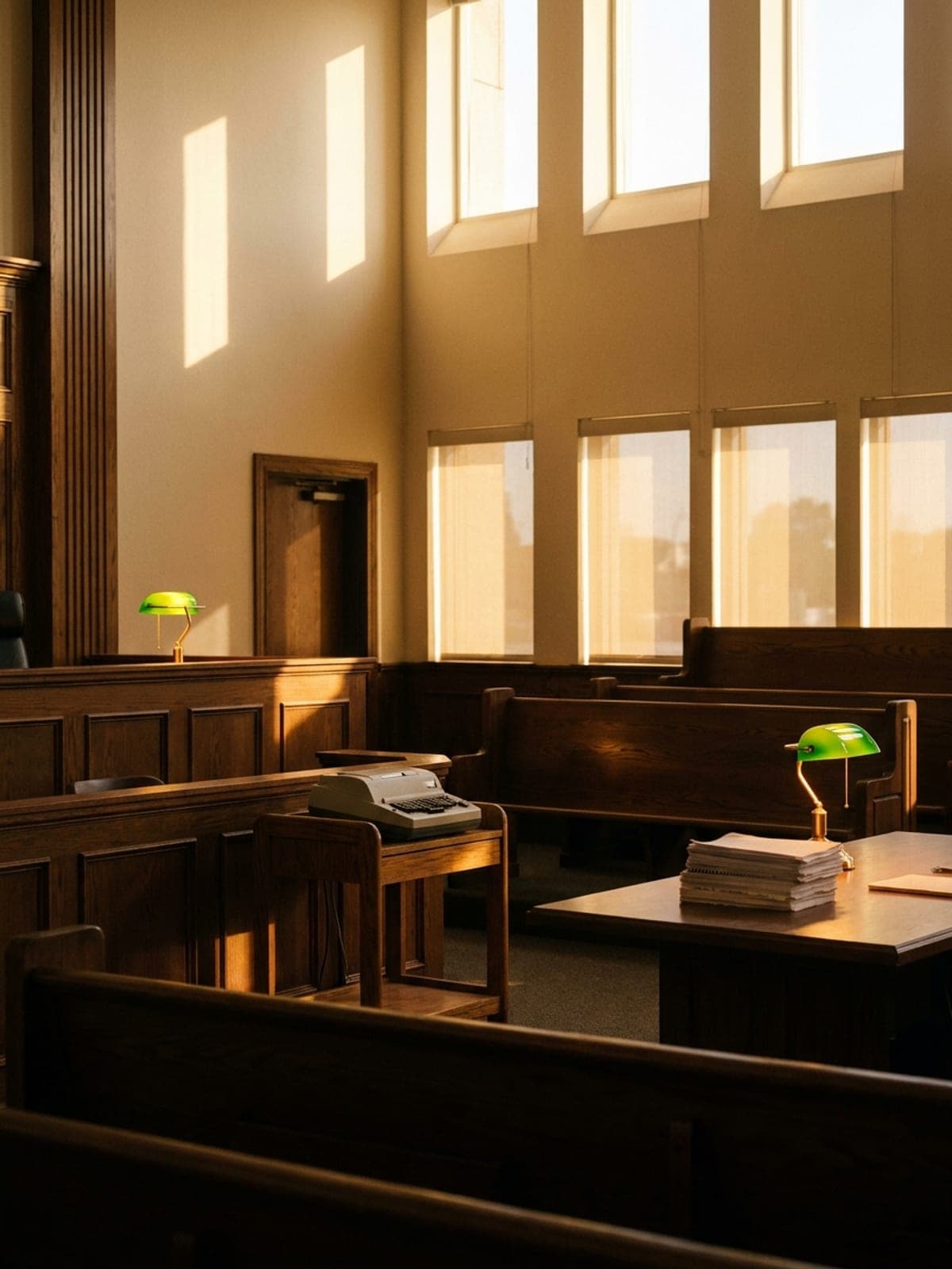 Interior of a 1990s American courtroom with an empty witness stand in dramatic overhead light