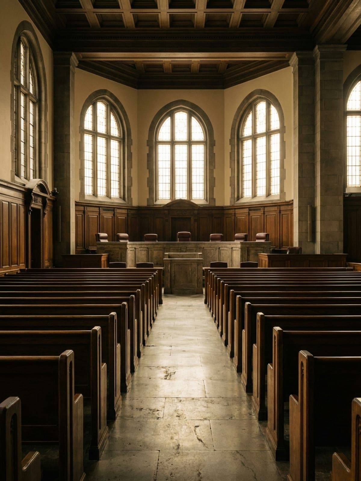 Interior of a wood-paneled courtroom gallery with empty pews and natural light from tall windows
